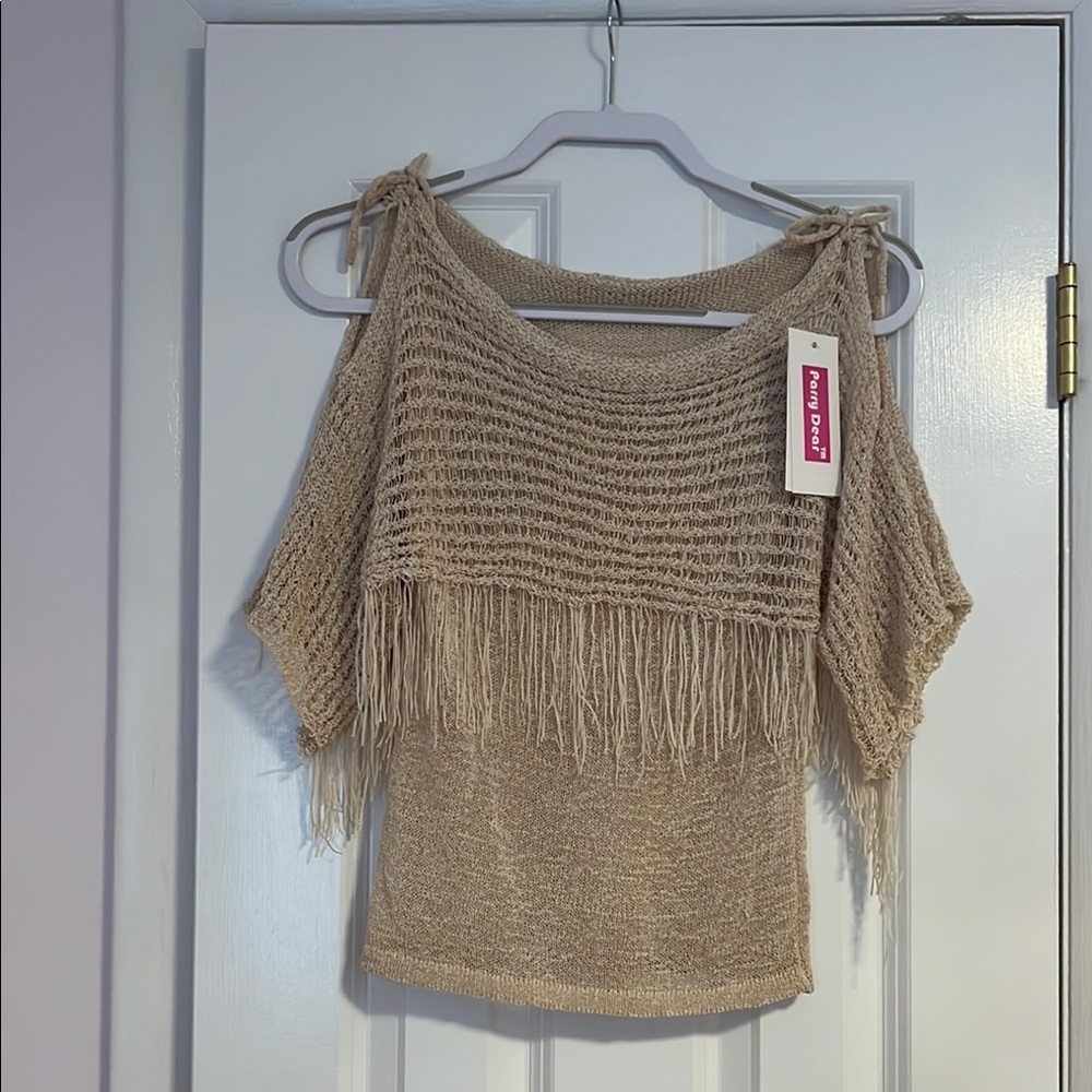 Chic Off-the-Shoulder Fringe Sweater in Beige